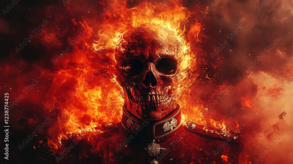 Fiery skeleton in military uniform surrounded by intense flames against dark background Fiery skeleton in military uniform surrounded by intense flames against dark background