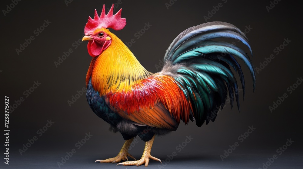 Fototapeta premium Vibrant multi-colored rooster standing proudly on dark background