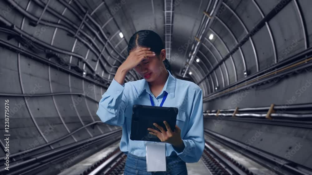 custom made wallpaper toronto digitalAsian Female With Her Tablet In Underground Subway Tunnel, She Is Nodding Her Shead With Dissapionted