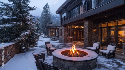 Experience cozy gatherings outdoor fire pit & high-def imagery in winter wonderland photo