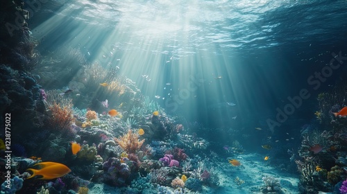 Wallpaper Mural An enchanting underwater scene showcasing a vibrant coral reef rich in colors and teeming with various fish. Rays of sunlight penetrate the water's surface, creating a serene and magical atmosphere. T Torontodigital.ca