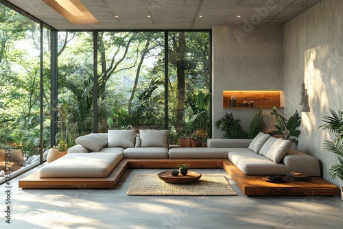 Spacious Modern Minimalistic Living Area with Comfortable Sofas and Decorative Plants in Natural Light photo