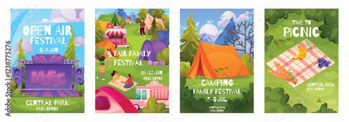 Picnic poster. Camp park outdoor concert, food and music summer party background, eco street fest. Invitation banner on festival. Tent in forest. Vector cartoon flat isolated illustration set