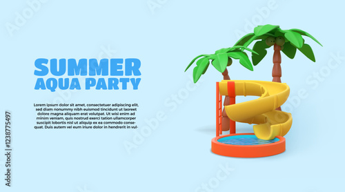 3d water slide. Amusement park. Summer aqua party or resort with tube attraction. Swimming pool. Waterpark playground. Waterslide and palms. Children render objects. Vector cartoon banner