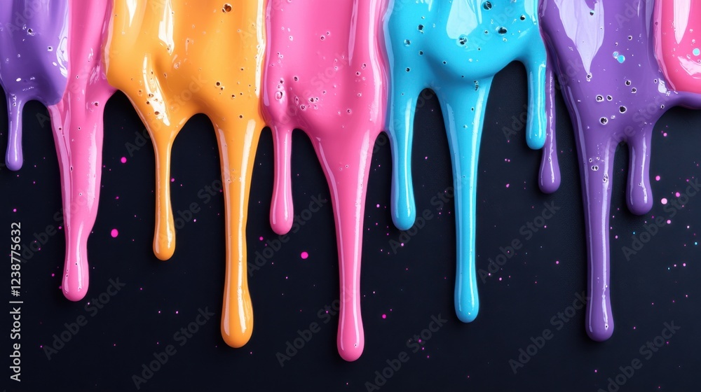 Naklejka premium Colorful paint drips in vibrant neon hues on dark surface