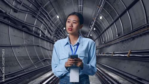 Wallpaper Mural Asian Female With Her Smarphone In Underground Subway Tunnel, She Observes By Looking Around Before She Come To Concentrating With Her Smarphone Torontodigital.ca