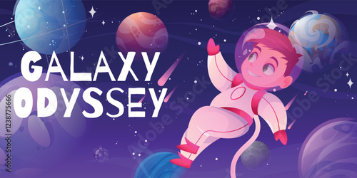 Space kid. Galaxy adventure. Cute astronaut in spacesuit. Rocket fly. Children spacewalk. Moon and stars. Astronomy science. Universe discovery. Spaceship flight. Vector cartoon banner