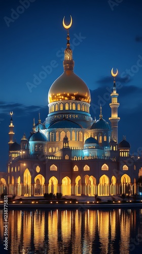 Stunning Illuminated Mosque at Night Beautiful Reflection photo