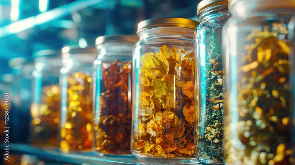 Close up of glowing herbal remedies in glass jars, showcasing vibrant colors Close up of glowing herbal remedies in glass jars, showcasing vibrant colors