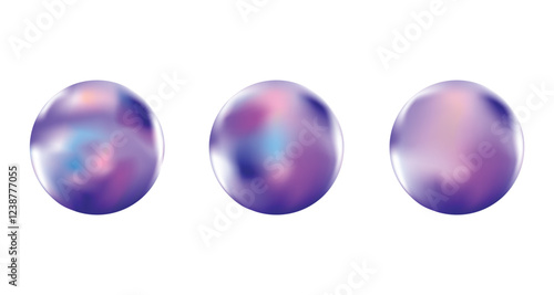 Abstract soft neon color sphere.  Realistic 3d holographic sphere set. Vector glossy gradient balls collection.  3d holographic primutive shape.