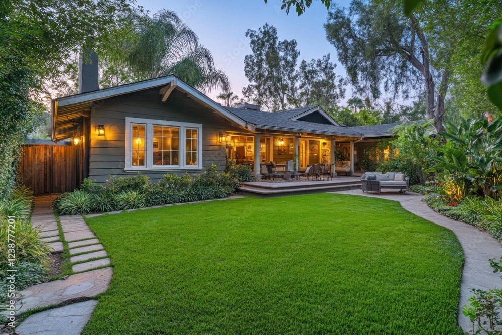 Luxurious home with landscaped backyard at dusk. Luxurious home with landscaped backyard at dusk.