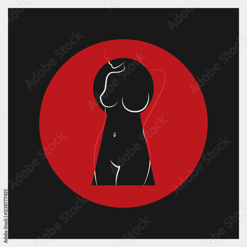Beautiful naked girl. Naked pinup woman in keyhole. Peeped through the keyhole. Erotic vector Illustration