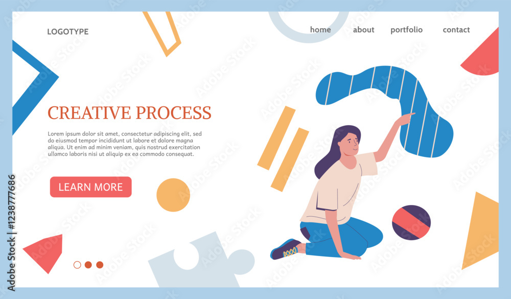 Creative idea process. Web banner. Landing page template. Woman on abstract geometric background. Creativity website template. Success development. Vector cartoon flat isolated illustration Creative idea process. Web banner. Landing page template. Woman on abstract geometric background. Creativity website template. Success development. Vector cartoon flat isolated illustration