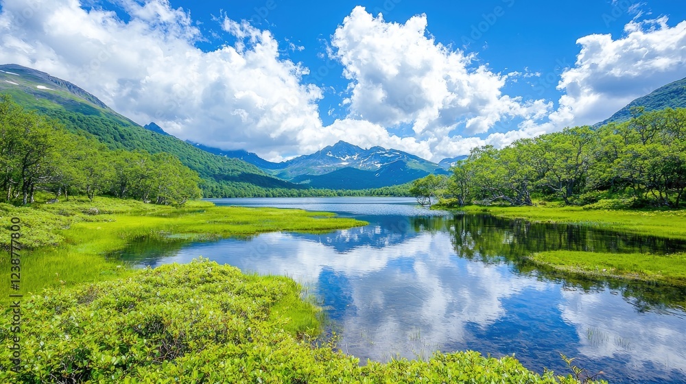 Serene mountain lake reflecting clouds, lush greenery. Ideal for travel brochures Serene mountain lake reflecting clouds, lush greenery. Ideal for travel brochures