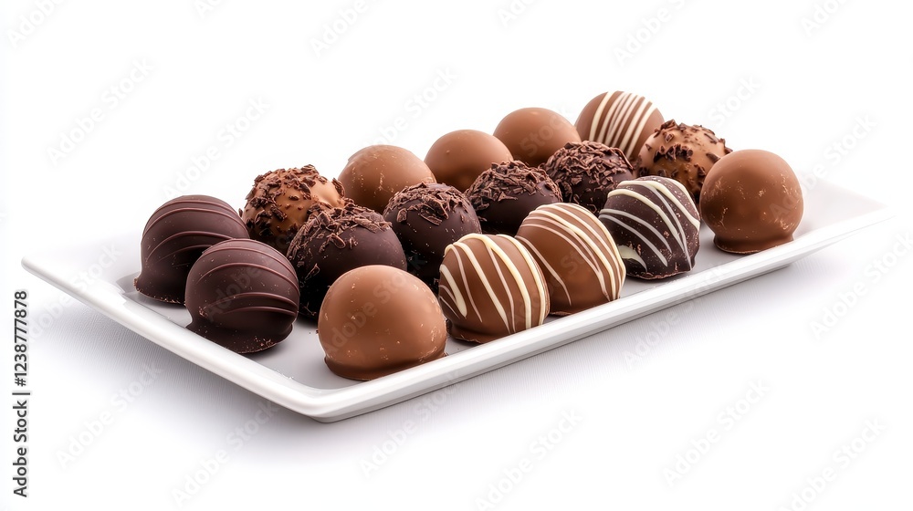 Assorted chocolate truffles arranged on a white platter, showcasing various textures and flavors Assorted chocolate truffles arranged on a white platter, showcasing various textures and flavors