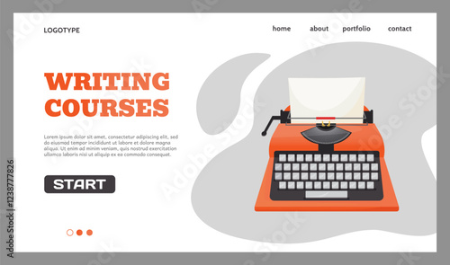 Writing courses landing page. Authors education. Typewriter keyboard. Novel writer. Website design template. Literature typing. Redactors or journalists learn classes. Vector background