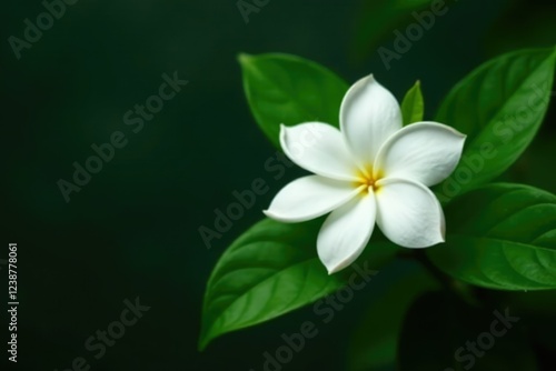 A single jasmine flower's white petals unfold against a backdrop of deep, dark green leaves, bloom, blossoms, leafy