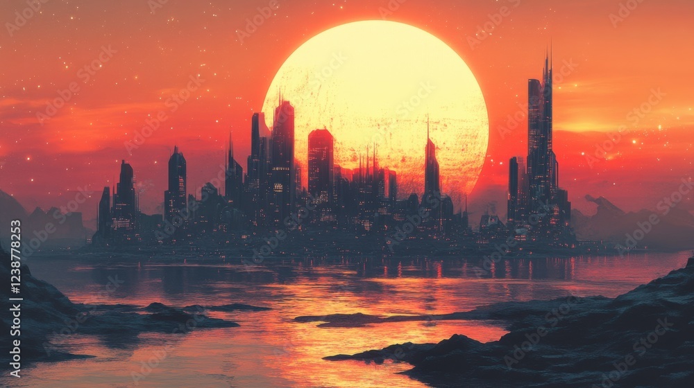 Futuristic city skyline against a majestic sunset with reflective water surface and starry sky Futuristic city skyline against a majestic sunset with reflective water surface and starry sky