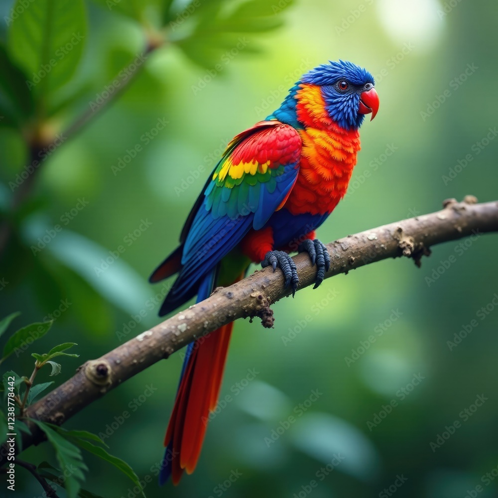 Obraz premium Colourful feathers and leaves on a tropical tree branch, branch, leafy branch