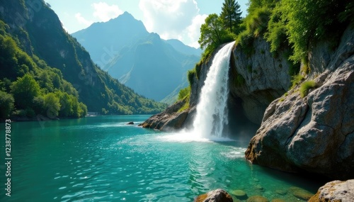 Emerald waters cascading down rocky cliffside, green, alps, mountain