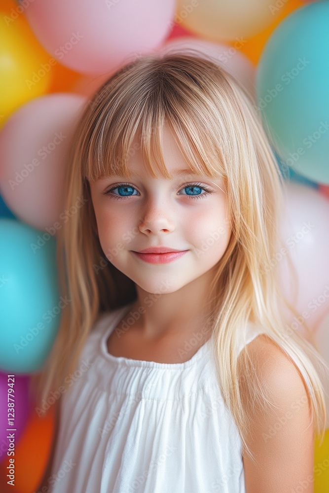 The little girl soft smile and blue eyes shine, set against pastel balloons for a joyful, charming portrait style. The little girl soft smile and blue eyes shine, set against pastel balloons for a joyful, charming portrait style.