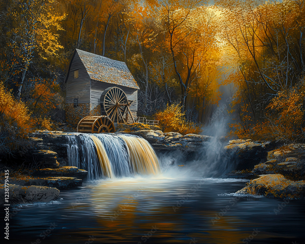 Fototapeta premium Old watermill with river,AI art