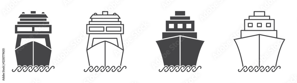 Set of ship icons. Ferry boat symbol, boat, ship front view. Cargo ship, cruise ship, marine sailboat transport, transport signs. Vector. Set of ship icons. Ferry boat symbol, boat, ship front view. Cargo ship, cruise ship, marine sailboat transport, transport signs. Vector.