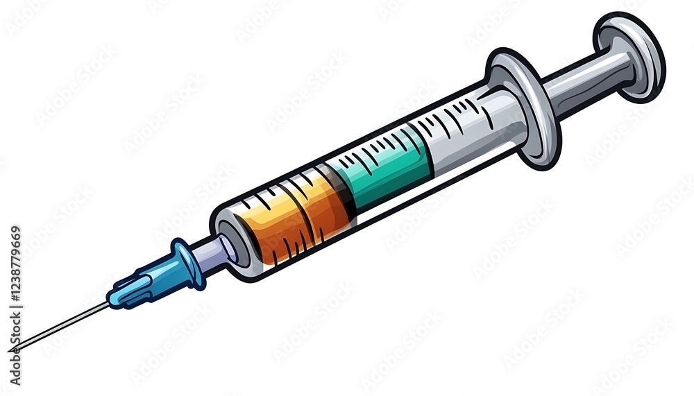 Cartoon illustration of a syringe filled with medicine. Cartoon illustration of a syringe filled with medicine.
