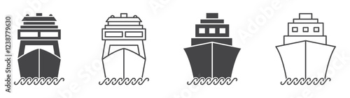 Set of ship icons. Ferry boat symbol, boat, ship front view. Cargo ship, cruise ship, marine sailboat transport, transport signs. Vector.