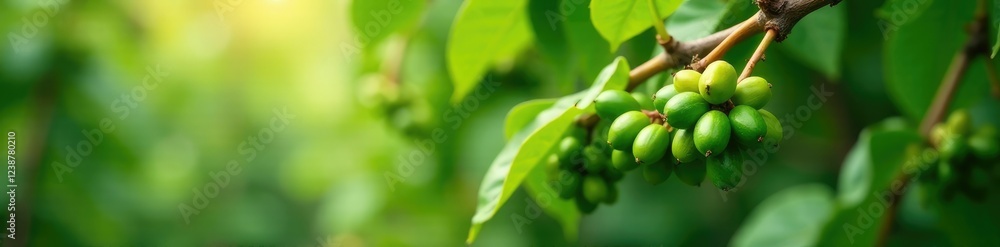 Rows of coffee green beans hanging from branches, coffee, green, tree Rows of coffee green beans hanging from branches, coffee, green, tree