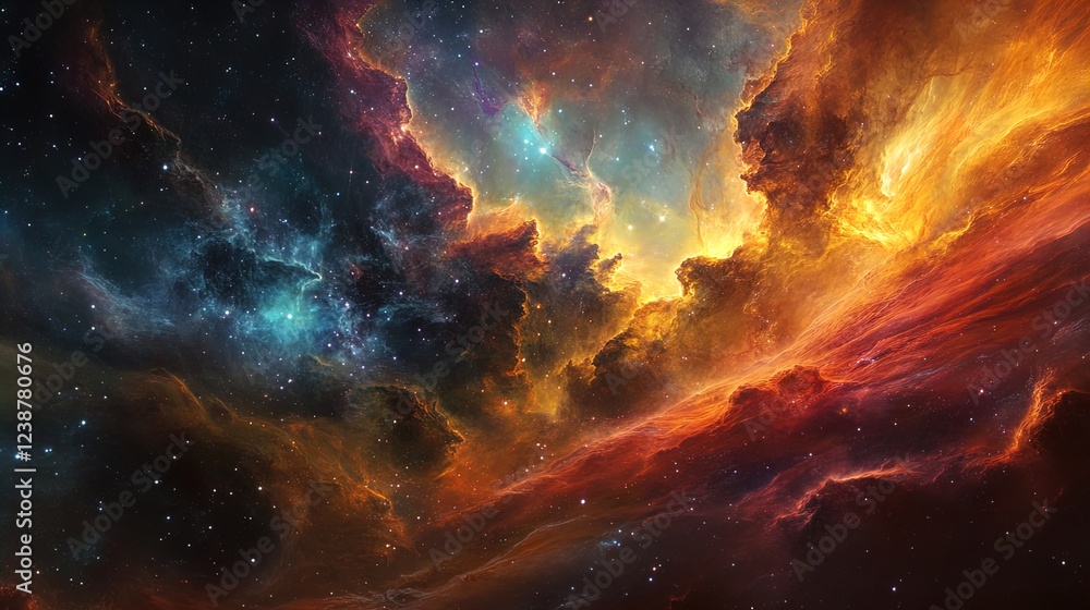 Fototapeta premium A stunning cosmic landscape depicting a vibrant nebula filled with swirling clouds of gas and dust. The image features rich hues of orange, blue, and violet, with sparkling stars scattered throughout 