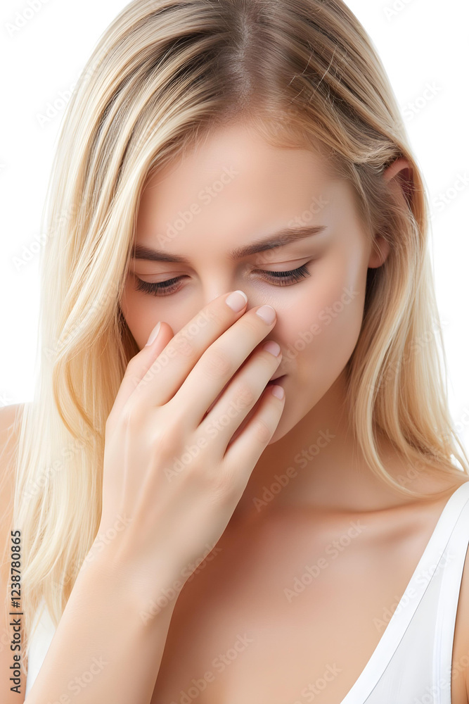 A woman wiping a tear, caught in an emotional moment. isolated on a white background A woman wiping a tear, caught in an emotional moment. isolated on a white background