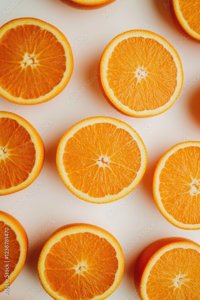 Fresh orange slices arranged neatly on a clean white surface, great for food photography or as a prop Fresh orange slices arranged neatly on a clean white surface, great for food photography or as a prop