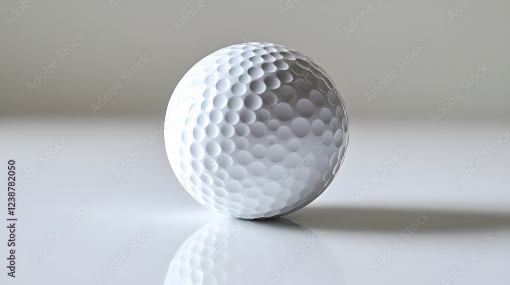34. A smooth, dimpled golf ball, white and clean, on a white surface 34. A smooth, dimpled golf ball, white and clean, on a white surface