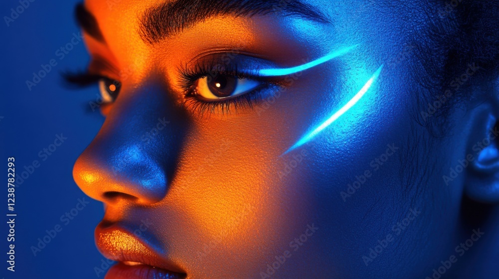 Fototapeta premium Close-up of woman with neon face paint under dynamic blue and orange lighting