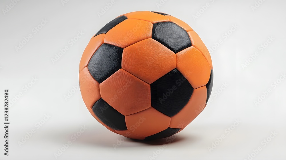 37. A professional orange soccer ball with black patches, on a white canvas 37. A professional orange soccer ball with black patches, on a white canvas