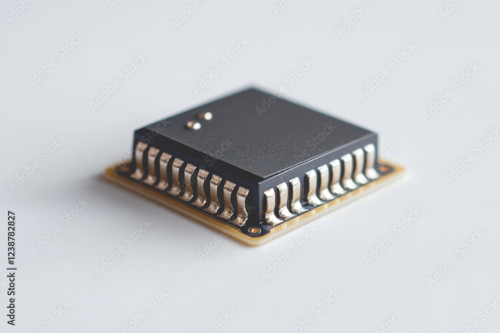 Close-Up View of a Single Electronic Microchip on a Light Background for Technology Themes Close-Up View of a Single Electronic Microchip on a Light Background for Technology Themes