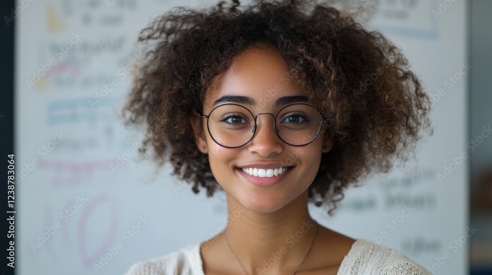 Smiling young woman with glasses standing in front of whiteboard with equations Smiling young woman with glasses standing in front of whiteboard with equations