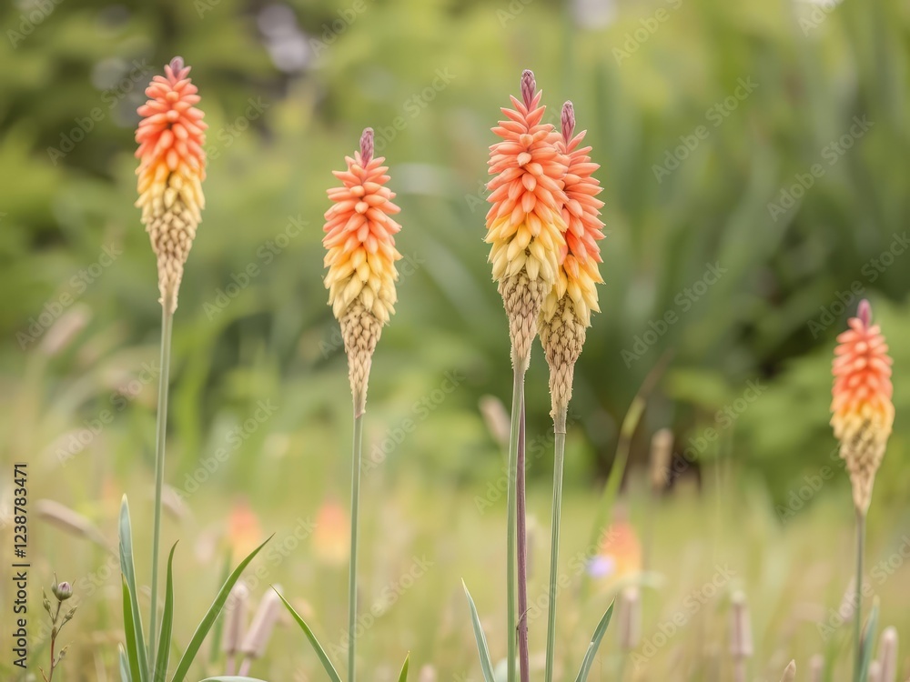 Tall stalks of kniphofia tritoma torch lilies standing in a field, farm scenery, meadow landscape, hot yellow flowers