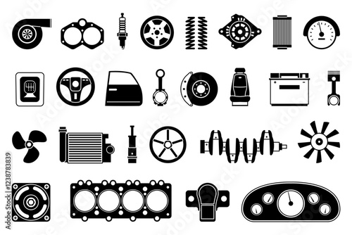 Auto service black icons. Garage equipment for assembly or car repair. Different parts of automobile, boats and ships. Mechanical industry recent vector set