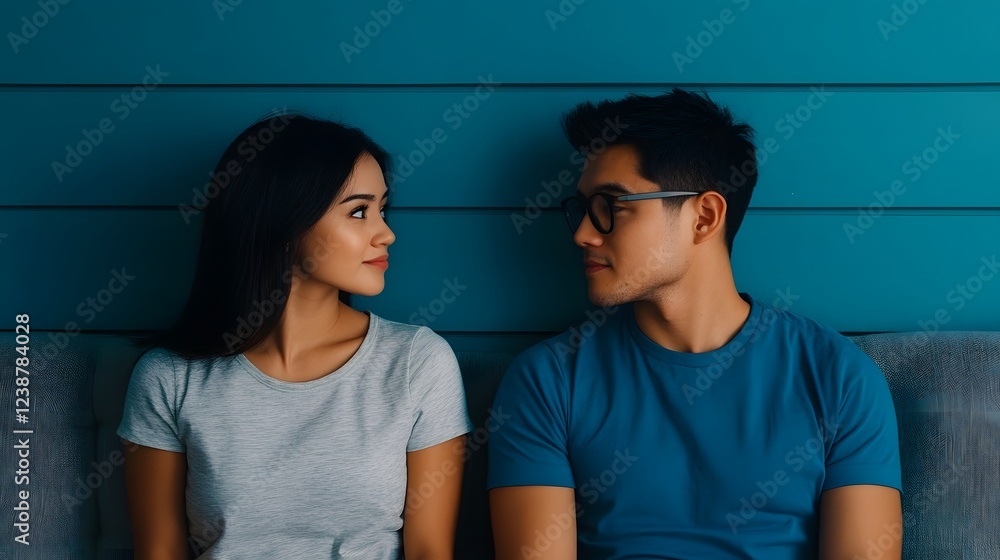 Fototapeta premium Heartfelt Conversation Between Couple Sitting on Couch,Emphasizing Communication in Relationships