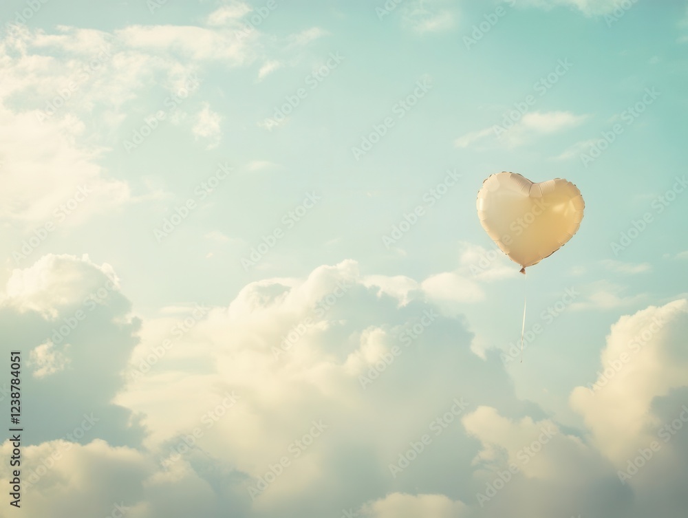 Obraz premium whimsical floating heart balloon against dreamy sky backdrop with soft clouds and gentle sunlight