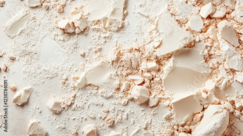 Crushed meringue and flour on a white surface - abstract baking background