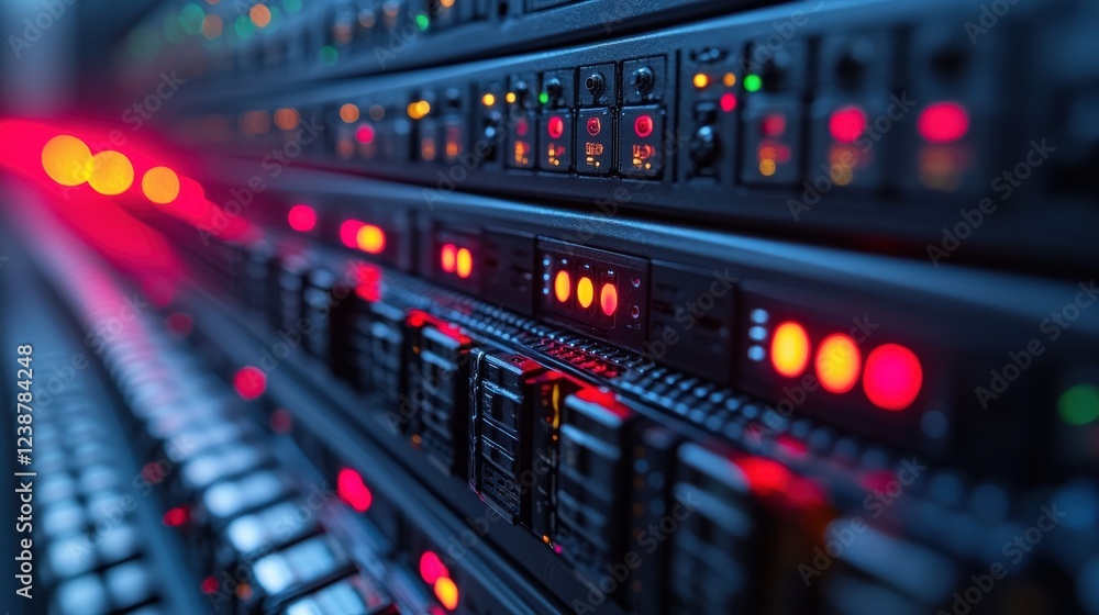Fototapeta premium Close-up view of illuminated server racks showcasing data processing technology in action