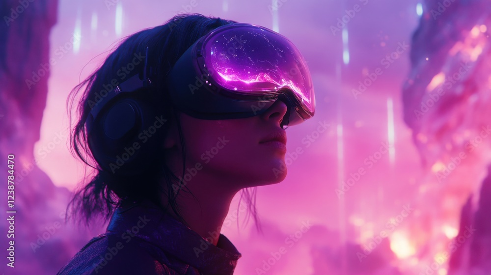 Futuristic scene with woman wearing vr headset in neon glow, immersed in virtual reality Futuristic scene with woman wearing vr headset in neon glow, immersed in virtual reality