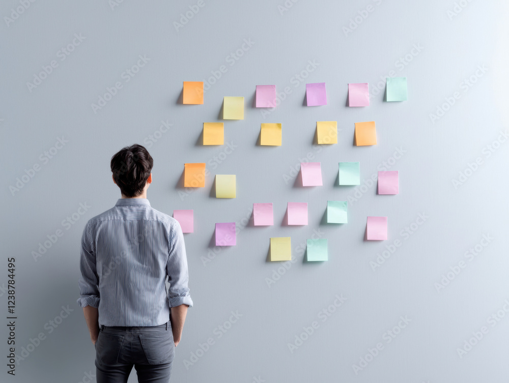 Fototapeta premium man in casual clothes stands in front of wall covered with colorful sticky notes, deep in thought