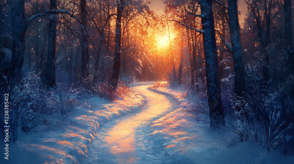 Naklejka premium Serene Winter Sunset Path: Golden light illuminates snowy forest trail winding gently through tranquil trees. AI Generated