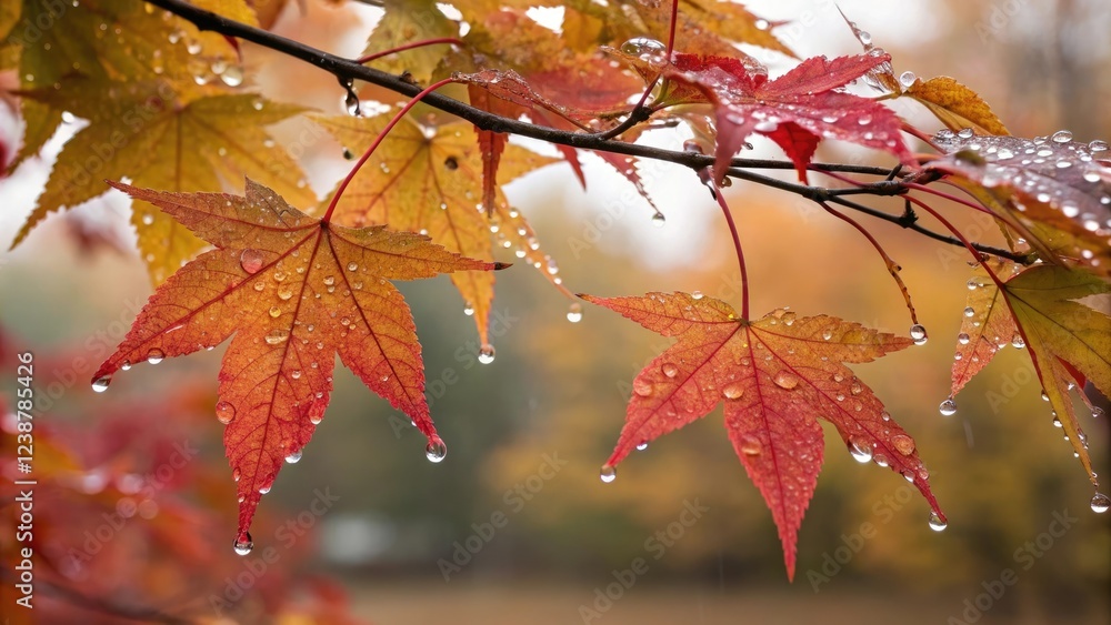 Tiny water drops cling to crisp autumn leaves, leafy landscape, seasonal change, fall colors Tiny water drops cling to crisp autumn leaves, leafy landscape, seasonal change, fall colors