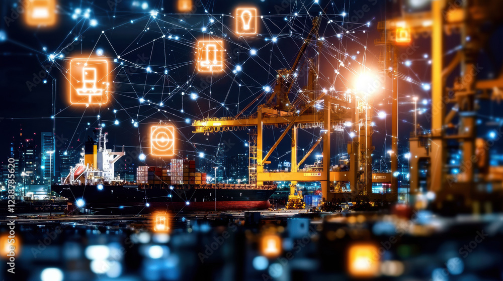 Fototapeta premium Modern shipping yard at night with massive cranes loading containers, illuminated by city lights and digital icons representing logistics and technology