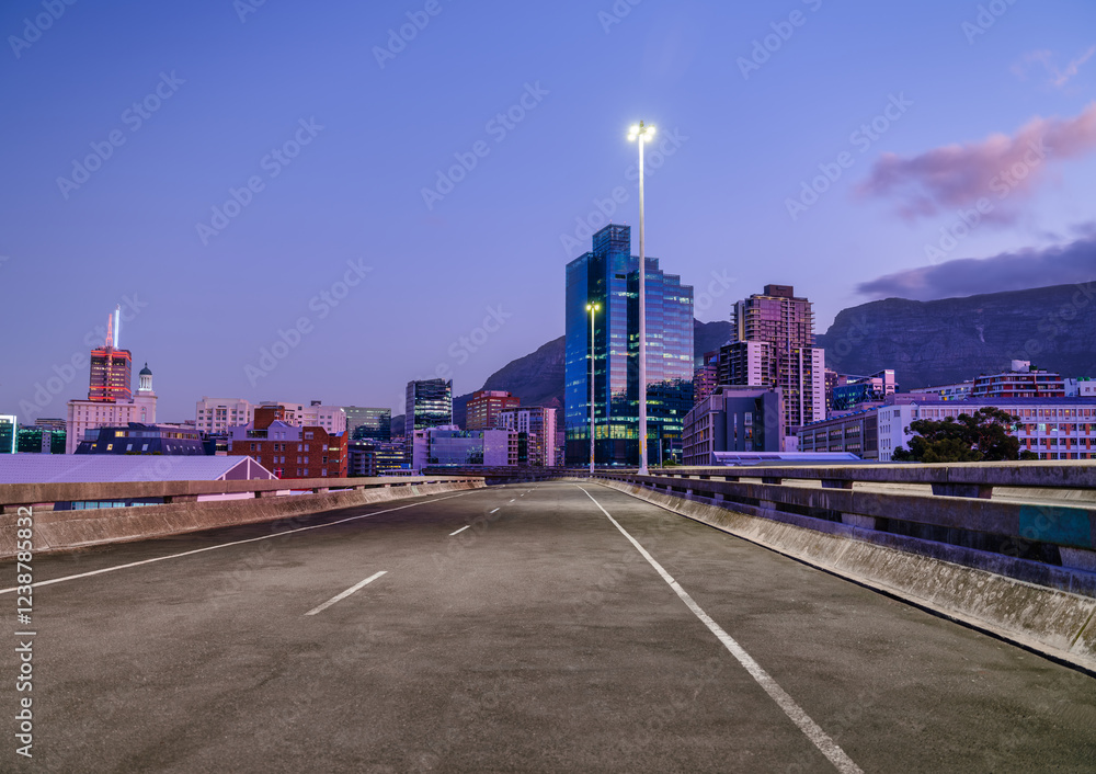 Wide-Angle View of City Buildings and Street Lights with Road Leading to Cape Town at Night, Cape Town, South Africa